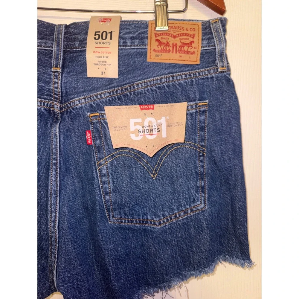 Levis 501 Original High Rise Cutoff Denim Jean Shorts Blue Distressed Size 31